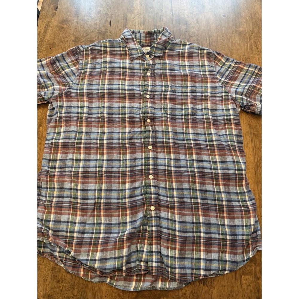 LL Bean Men's XXL Slightly Fitted 100% Linen Plaid Button Down Shirt